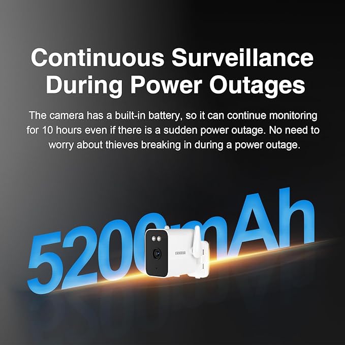 EVERSECU 2K Outdoor Corded WiFi Bullet Camera Bulit-in 5000mA Batteries for Power Outage, Human Detection, Compatible with Alexa, SD Card&Cloud Storage, Support ONVIF&RTSP Stream