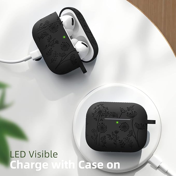 Lerobo Flower Engraved Case Compatible with Apple AirPods Pro 2 Case Cover Full Protective Cover for AirPods Pro Case 2nd 1st Generation 2022/2023 USB C Cute Soft Silicone Skin Front LED Visible Black
