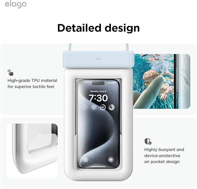 elago Waterproof Phone Pouch for iPhone 16/15/14/13/12/11 Series, Galaxy S25/S24/S23/S22/S21 Series - Underwater Screen Touchable Dry Bag, Dual Zipper Lock, Including Card Pocket [Light Blue]