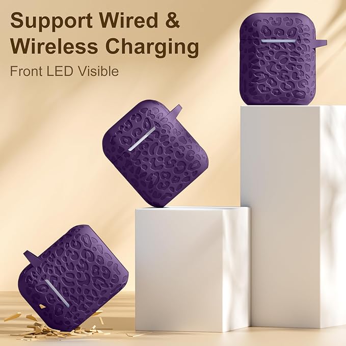 Leropard Engraved for AirPods Case Cover, Cute Soft Silicone Protector with Keychain Compatible with Airpods 2nd/1st Generation,Front LED Visible,Darkpurple