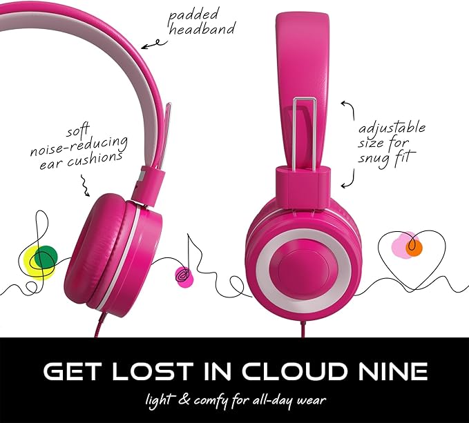 MYZI Kids Headphones with Cord, Foldable Over Ear Headphones for Kids with Microphone, Tangle-Free Wired 85dB Safe Volume Toddler Headphones for iPad, School, and Airplane – Pink