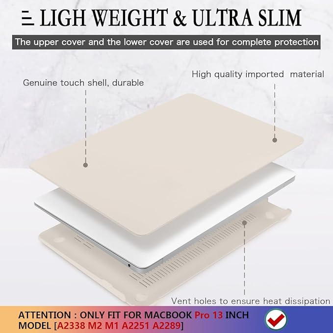 CISSOOK Beige Case for MacBook Pro 13 Inch 2023 2022 2021 2020 Release Model M2 Chip A2338 M1 A2251 A2289 Touch Bar Touch ID, Plastic Hard Shell Case with Keyboard Cover for Pro 13" 2020-2022, Stone