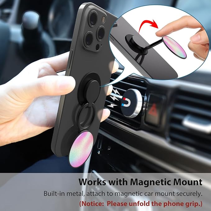 Phone Grip, Phone Ring Holder Finger Kickstand, 360°Rotation & Adjustable Metal Cell Phone Rings Gripper Stand Work with Magnetic Car Mount for iPhone Samsung & Other Phones - Rainbow