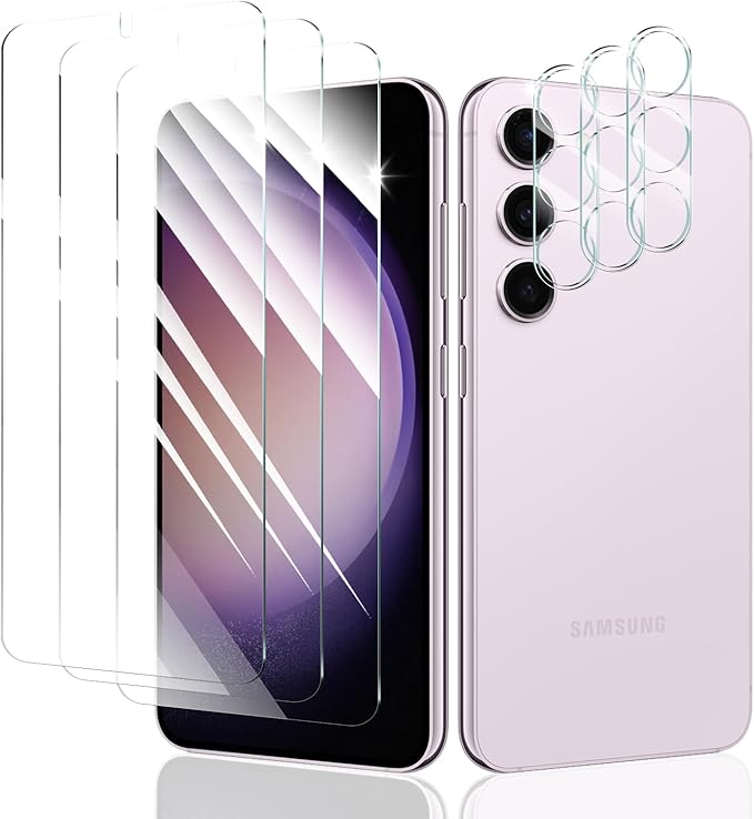 Screen Protector & Camera Lens Protector for Samsung Galaxy S23, HD Tempered Glass, High Light Transmittance, 9H Hardness 2.5D Curved Edges Anti-Scratch Impact-Protection Case-Friendly, 3-Pack Each