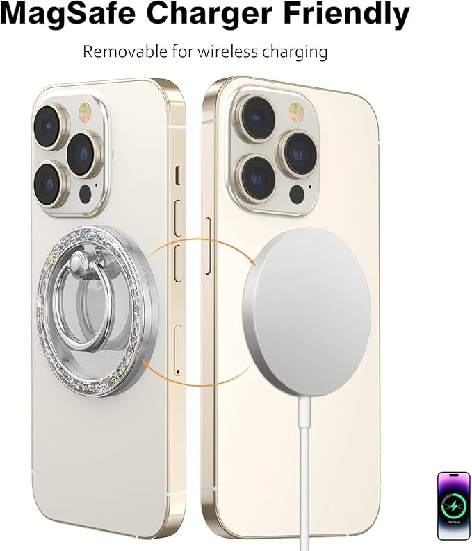 Allengel Magnetic Phone Grip for MagSafe, Magnetic Ring Holder Compatible with MagSafe Phone Ring, 360°Rotating Finger Kickstand for iPhone 16 Pro Max 15 14 13 12 Plus & Android Phone(Bling Silver)