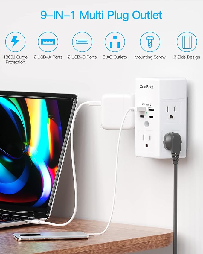 2 Pack Multi Plug Outlet, Surge Protector, 5 Outlet Extender with 4 USB Charging Ports (2 USB C), USB Wall Charger, 3-Sided 1800J Power Strip Outlets Splitter Wall Plug Adapter Spaced for Home Office