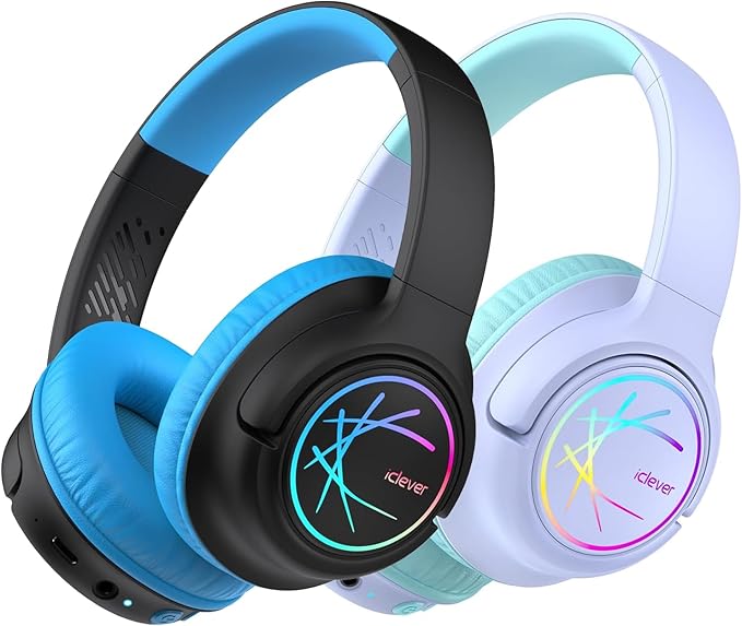 iClever 2 Pack Kids Bluetooth Headphones with LED Lights, BTH18 Safe Volume 74/85dBA, 43H Playtime, Bluetooth5.3 Kids Headphones Wireless Aux Cord for iPad/Tablet/Travel/School, Purple & Black