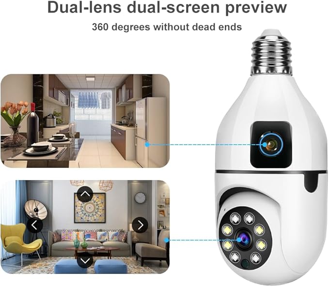 6MP Dual-Lens Light Bulb Security Camera, TUYA Indoor 360° Pan/Tilt WiFi Cam with Auto Tracking, Color Night Vision, Motion Alerts, 2-Way Audio, Pet/Baby Monitor, E27 Socket