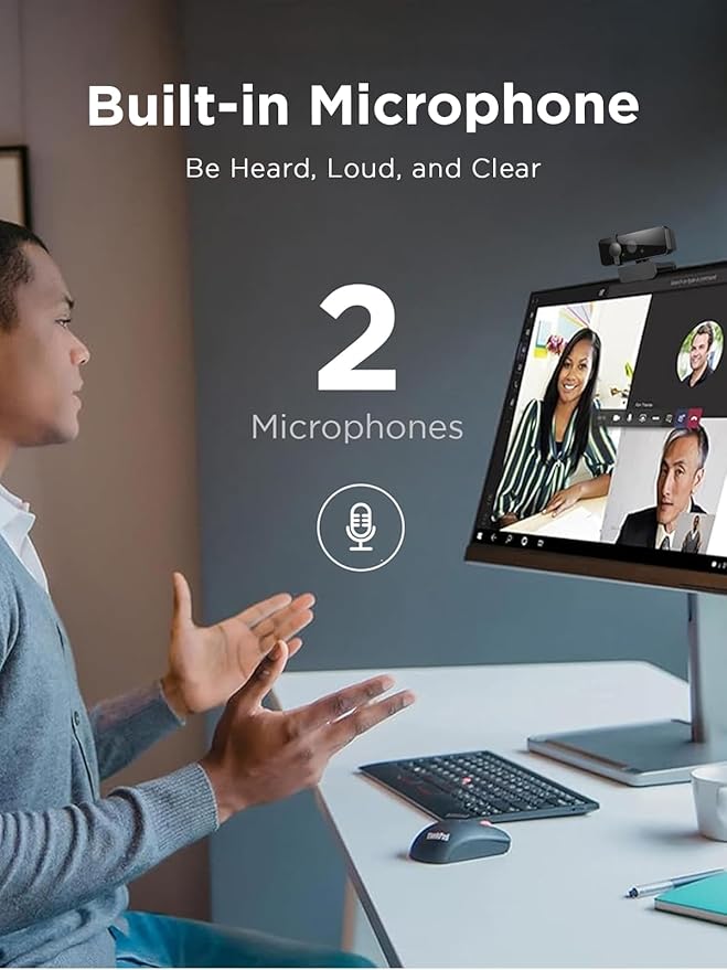 Lenovo 310 FHD Webcam, 1080p, FHD Resolution @30 FPS, Plug-and Play USB Connectivity, 1.8M Cable, 2 Integrated Microphones, External Privacy Shutter, Black