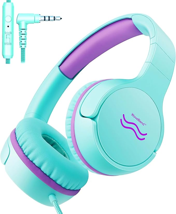 Wired Kids Headphones with Mic, Foldable, Volume Control Safe Listening(85/94dB), 3.5mm Jack on-Ear Headset for Chilren/Teens/Boys/Girls/School/Travel/Plane/Tablet/Ipad/Laptop, GreenPurple