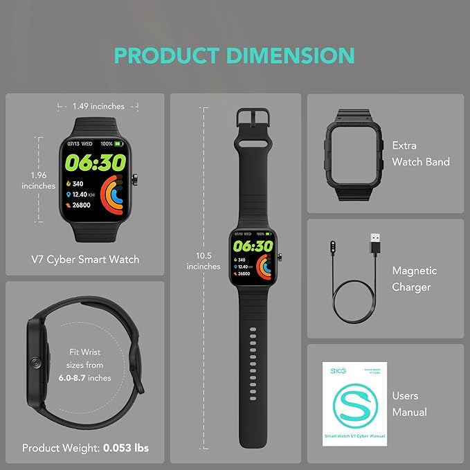SKG Smart Watch for Men Women (Answer/Make Call), Alexa Built-in, Extra Black Band, 100+ Sports 1.8" Fitness Tracker with Heart Rate SpO2 Monitor, IP68 Smartwatch for Android iPhone, V7 Cyber Black