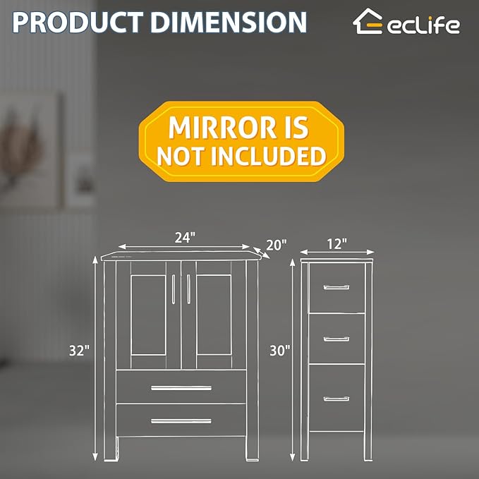 eclife 48" Modern Bathroom Vanity Sink Combo Freestanding Cabinet with Small Side Cabinet, Without Vessel Sink, Faucet, Drain (Black Vanity Only)