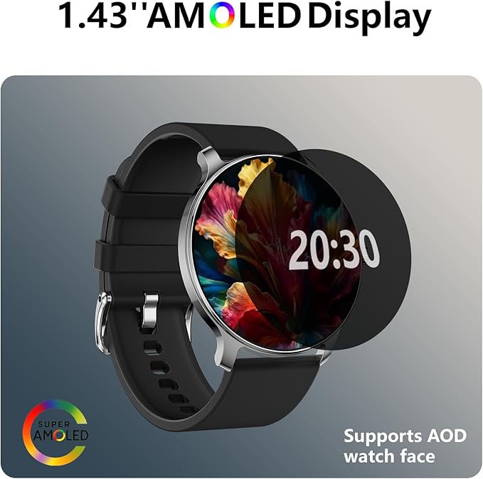 1.43” Men's Smart Watch, AMOLED Display, Work with Android/iPhone, Waterproof IP68, Long Battery Life, Fitness & Health Tracker, Heart Rate Monitor, Step Counter, Track Your Workout, Run and More