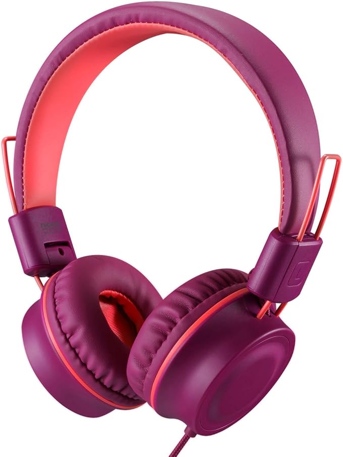 noot products Kids Headphones K33 Foldable Stereo Tangle-Free 5ft Long Cord 3.5mm Jack Plug in Wired On-Ear Headset for Children/Teens/Boys/Girls/ipad/School/Kindle/Travel/Plane/Tablet (Plum)
