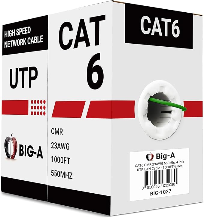 Big-A - Bulk Cat6 Cable 1000ft 23AWG Solid 4 Pair, Cat 6 Ethernet Cable Unshielded Twisted Pair (UTP), (CMR) 550MHz Internet Cable, Pull Box - Green