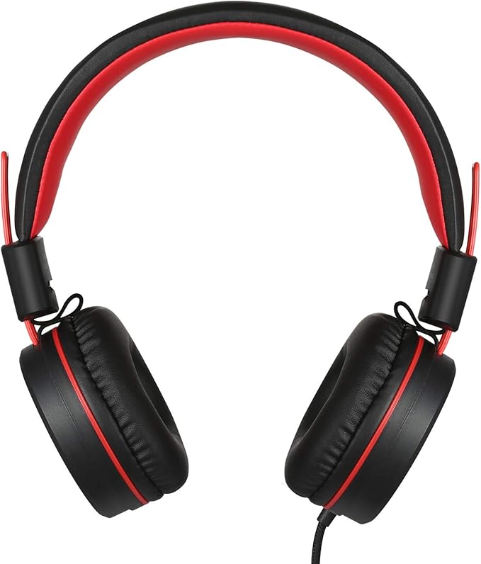 noot products Kids Headphones with Microphone K12 Stereo 5ft Long Cord with 85dB/94dB Volume Limit Wired On-Ear Headset for iPad/Amazon Kindle,Fire/Toddler/Boys/Girls/School (Red Black)