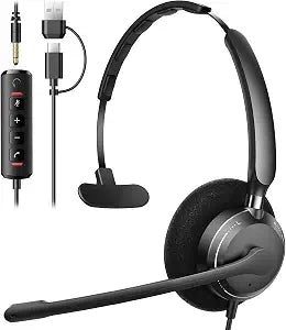 BINNUNE Wired Headset with Mic for Work, Single Ear USB-A/C & 3.5mm