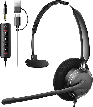 BINNUNE Wired Headset with Mic for Work, Single Ear USB-A/C & 3.5mm