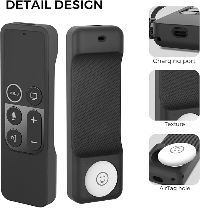 AhaStyle Protective Case for Apple TV Remote with AirTag Holder, Anti Slip Silicone Cover Compatible with 4K/HD Apple TV (Black)