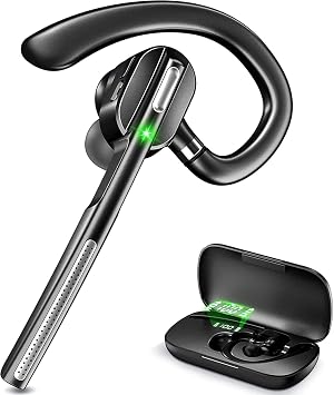 Bluetooth Headset V5.1, Wireless Headset with Battery Display Charging Case, Bluetooth Earpiece with Noise Canceling Mic for Driving, Office, Business, Compatible with Cell Phone and PC