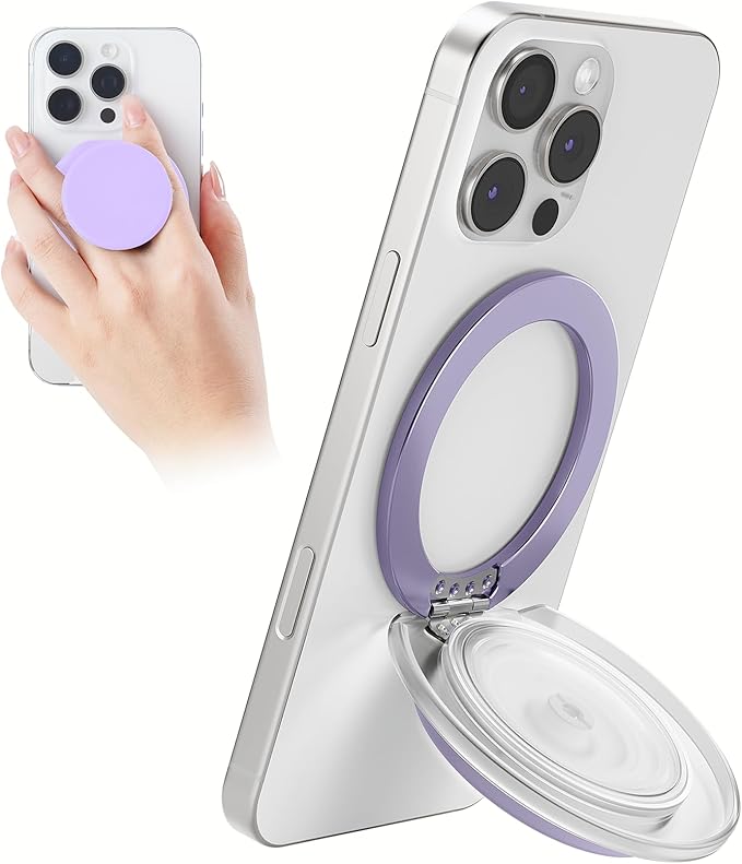 for MagSafe Phone Grip, Magnetic Phone Grip Holder Built-in Phone Stand, Magnetic Collapsible Expandible Phone Grip with Adjustable Kickstand for Portrait or Landscape, Translucent Purple
