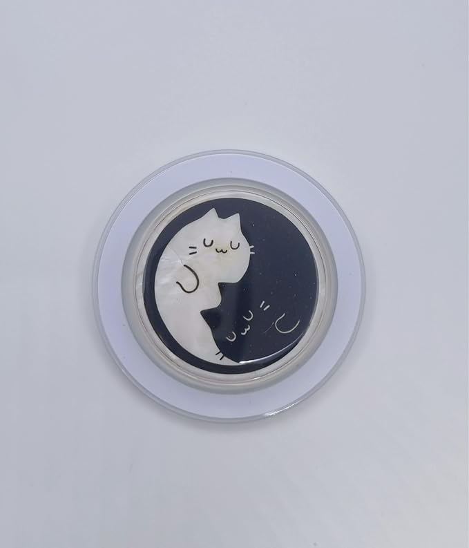 Korean Najeonchilgi Shell-Inlay Phone Grip Stand, Slim Round Phone Holder & Kickstand, Adhesive or Magnetic Back, Metal Ring Included - (Black & White Cat)