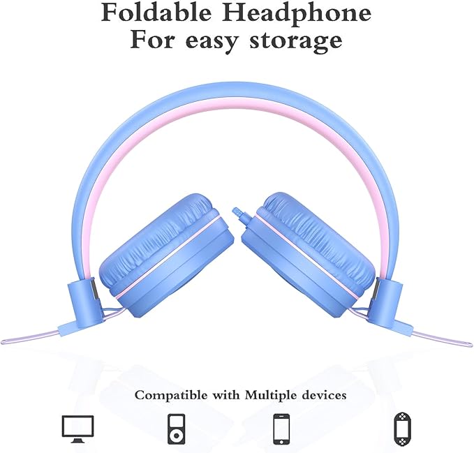 ELECDER i37 Kids Headphones for School Children Girls Boys Teens Foldable Adjustable On Ear Headphones Wired with 3.5mm Jack for Smartphones Chromebook Laptop Computer PC Tablets Trave, Purple/Pink