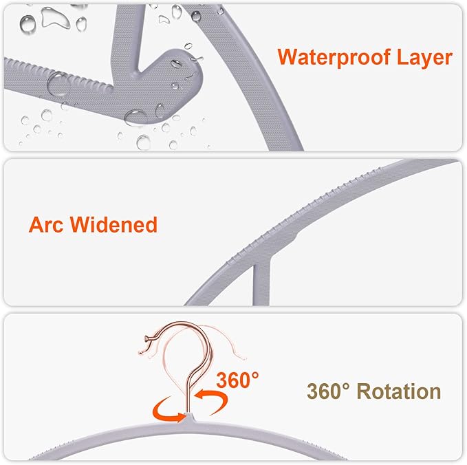 OIKA Hangers - 50 Pack Rose Gold Hooks, Non Slip Space Saving Plastic Suit Hangers, Heavy Duty, Rounded, for Sweaters, Coats, Jackets, Pants, Shirts, Dresses - Grey