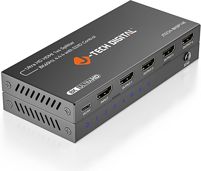 J-Tech Digital 8K HDMI Splitter 1 in 4 Out, HDMI 2.1 1x4 Splitter 8K@60Hz 4K@120Hz 1080P@240Hz, Duplicate/Mirror Screen 3 EDID Modes with Downscaling HDCP 2.3 [JTECH-8KSP14E]