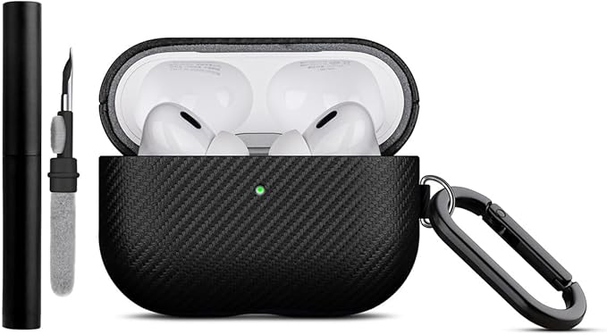 LOPIE Handmade AirPods Pro Case, Carbon Fiber Texture Vegan Leather Case with Keychain & Cleaner Kit, Protective Hard Shell Cover - Black