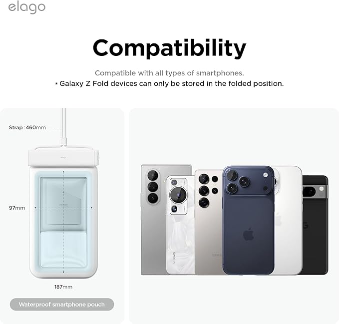 elago Waterproof Phone Pouch for iPhone 16/15/14/13/12/11 Series, Galaxy S25/S24/S23/S22/S21 Series - Underwater Screen Touchable Dry Bag, Dual Zipper Lock, Including Card Pocket [White]