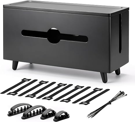 Extra Large Cable Management Box，Wood Cable Organizer Box,Power Strip Box & Organizer for Power Strip, TV Wires & Desk Cable Storage,Hide Desk Cord and Floor Cables (Black) (Black)