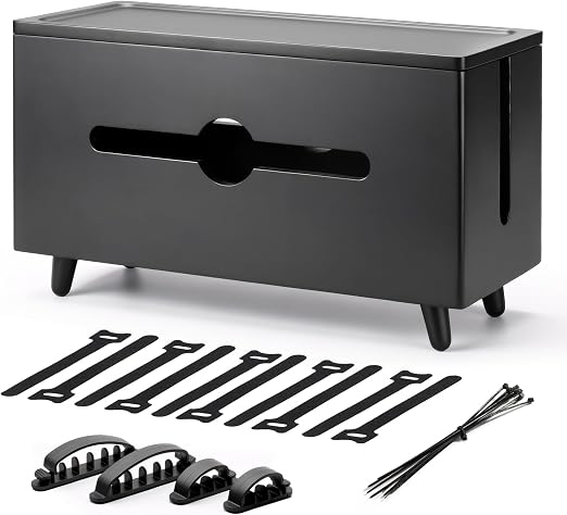 Extra Large Cable Management Box，Wood Cable Organizer Box,Power Strip Box & Organizer for Power Strip, TV Wires & Desk Cable Storage,Hide Desk Cord and Floor Cables (Black) (Black)