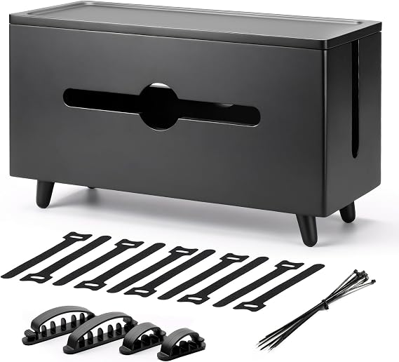 Extra Large Cable Management Box，Wood Cable Organizer Box,Power Strip Box & Organizer for Power Strip, TV Wires & Desk Cable Storage,Hide Desk Cord and Floor Cables (Black) (Black)