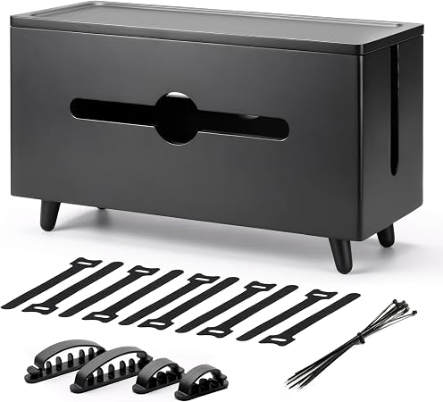 Extra Large Cable Management Box，Wood Cable Organizer Box,Power Strip Box & Organizer for Power Strip, TV Wires & Desk Cable Storage,Hide Desk Cord and Floor Cables (Black) (Black)