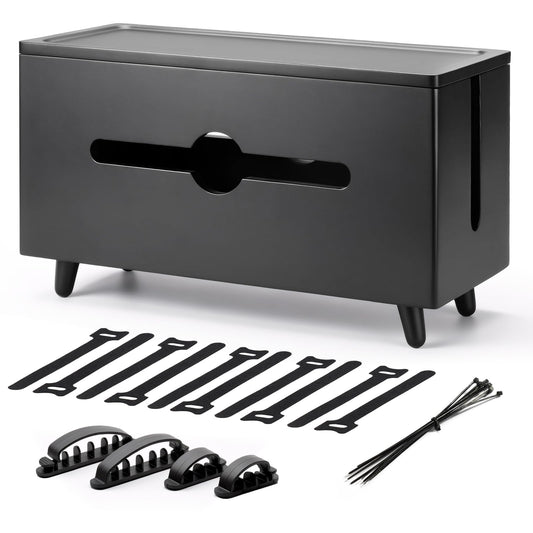 Extra Large Cable Management Box，Wood Cable Organizer Box,Power Strip Box & Organizer for Power Strip, TV Wires & Desk Cable Storage,Hide Desk Cord and Floor Cables (Black) (Black)