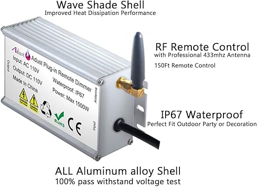 Outdoor Dimmer for String Lights 1500W, IP67 Waterproof/150FT Range/Timer Control/3 Prong Outlet for Outdoor LED String Lights & Incandescent Bulbs, Wireless RF Remote Plug-in Dimmer Switch