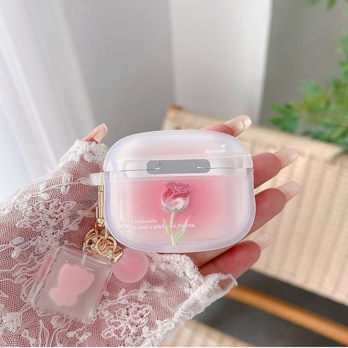 Compatible with Airpod Pro 2 / Airpod Pro Case Cute Aesthetic Romantic Rose Flower with Keychain Clear Frosted Protective Cover for Girls Women (Rose Pink)