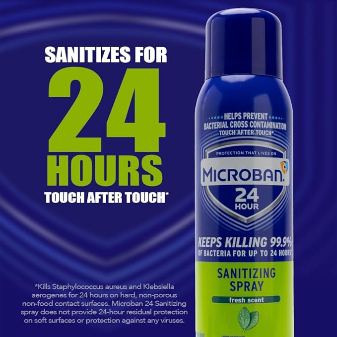 MICROBAN Sanitizing Spray, 15 oz., 2 Pack, Fresh Scent, Penetrates Soap Scum, Greasy Soils and Reduces Odors, Keeps Killing 99.9% of Bacteria on Hard, Non-Porous Surfaces in Home for up to 24 Hours