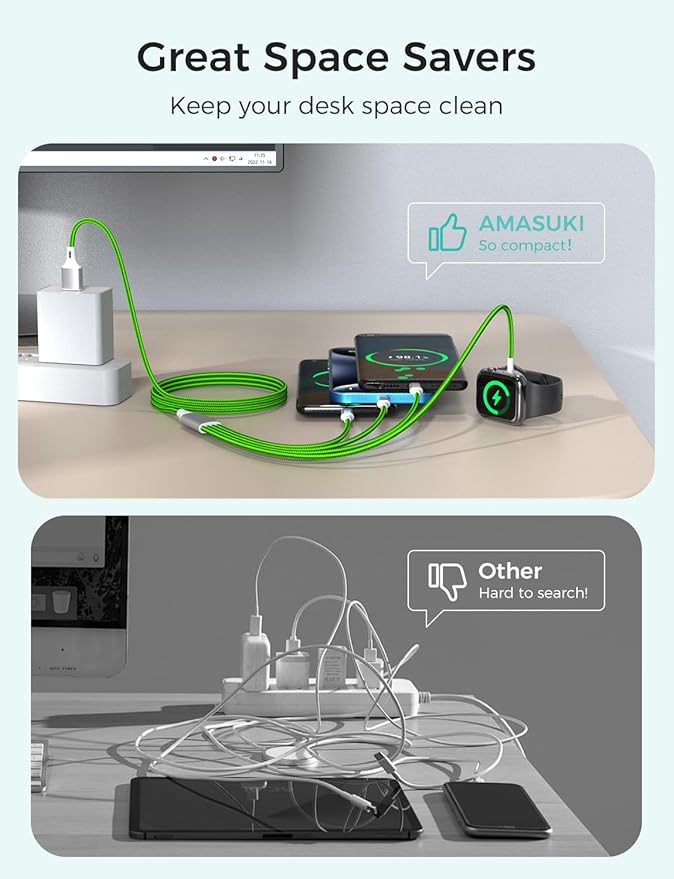 Travel Essentials,4 in 1 for Apple Watch Charger/iPhone Charger/Multi Charging Cable,Vacation RV Camping Essentials,USB C/L/Micro Portable Charger for iWatch 11-1/iPhone 17-12,Car&Gift-Green