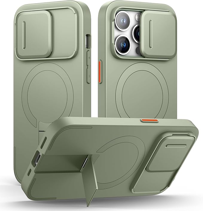 SURITCH for iPhone 14 Pro Case with Magnetic Camera Slide Cover and Adjustable Kickstand, Compatible with MagSafe, Shockproof Bumper Case Slim Protective Cover for iPhone 14 Pro 6.1 Inch, Green