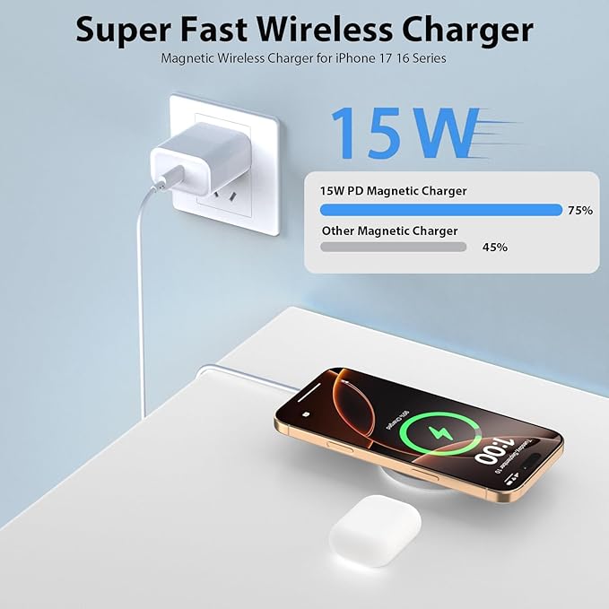 Magnetic Wireless Charger [Apple MFi Certified], 3.3FT 15W Fast Apple Mag-Safe Charger Pad with USB C Fast Charging Block Compatible with iPhone 17/Air/Pro/Pro Max/16/15/14/13/Plus/Pro/Pro Max,AirPods