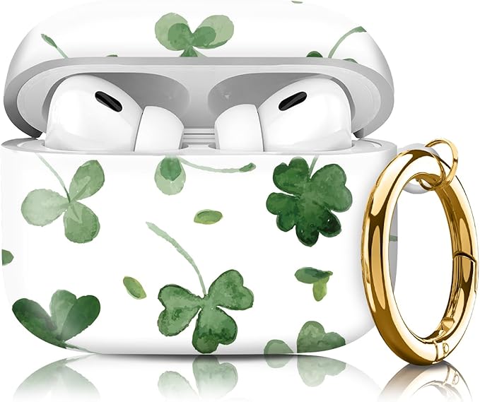 Compatible with Airpod pro 2nd/1st Generation Case Cover with Gold Round Keychain Cute Pattern Hard & Anti Slip Cover for Men Women & Girls（Green Leaves）