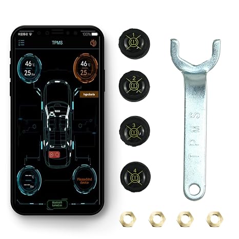 Tire Pressure Monitoring System with 4 External Sensors TPMS Real-time Display with Alarm Modes Bluetooth 5.0 Support iOS and Android, Coin Battary Included