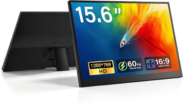 15.6 Inch Portable Second Monitor for Laptop Ultra-Slim, USB-C and HDMI Second Screen with Kickstand, Lightweight External Display for Business Trip, 1366x768 Home Office Monitor