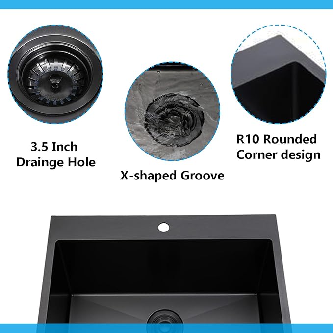 18x18 inch Drop in Bar Sink Black, Topmount Stainless Steel Small Kitchen Sink for Laundry Wet Bar Prep RV Office Outdoor Yard with Dish Grid and Basket Strainer