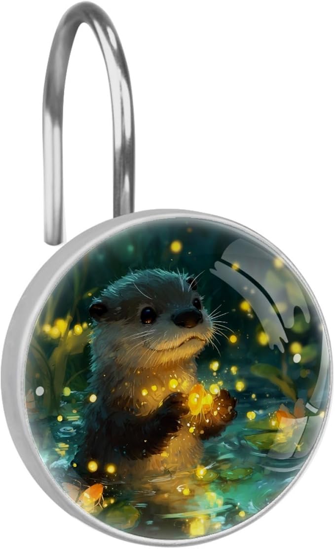 Cute Otter Shower Curtain Hooks Rings, Stainless Steel Rust Proof Shower Curtain Hooks, Decorative Shower Hooks for Bathroom Shower Rods Curtains, Set of 12