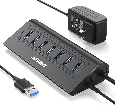 Powered USB Hub, JESWO 7-Port USB 3.0 Hub, Aluminum USB Data Hub with 3.3ft Cable, USB Hub 3.0 Powered with 20W Power Adapter for MacBook, Mac Pro/mini, iMac, XPS, PC, USB-Flash Drives, etc. (Black)