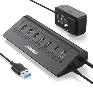 Powered USB Hub, JESWO 7-Port USB 3.0 Hub, Aluminum USB Data Hub with 3.3ft Cable, USB Hub 3.0 Powered with 20W Power Adapter for MacBook, Mac Pro/mini, iMac, XPS, PC, USB-Flash Drives, etc. (Black)