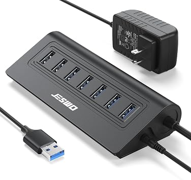Powered USB Hub, JESWO 7-Port USB 3.0 Hub, Aluminum USB Data Hub with 3.3ft Cable, USB Hub 3.0 Powered with 20W Power Adapter for MacBook, Mac Pro/mini, iMac, XPS, PC, USB-Flash Drives, etc. (Black)